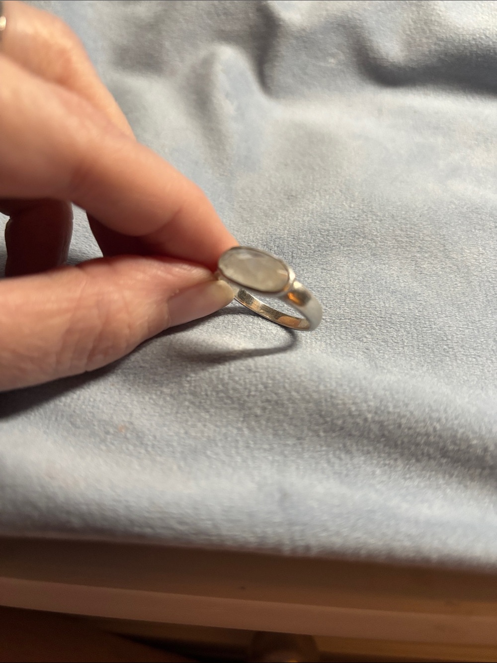 sterling silver rainbow moonstone ring; distinctive oval bezel setting size 10